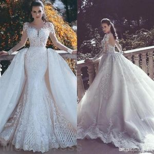 African Luxury Lace Mermaid Wedding Dresses 2020 Illusion Neck Long Sleeve Löstagbara tåg Applikationer Täckade Plus -storlek Arabiska Brid286b