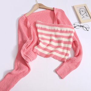 Women's Knits Korejepo Sweet Girl Stripe Cardigan Suits Short Camisole 2023 Autumn Long Sleeve Knitted Top Two Piece Set