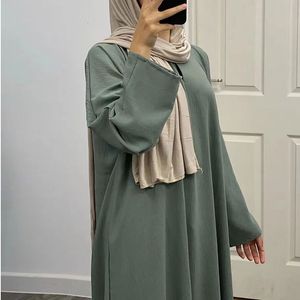 Etniska kläder Solid Abaya för kvinnor Crepe Wrinkle Islamic Clothing Casual Long Dress Ramadan Eid Stängt Abayas Muslim Dubai Modesty Kaftan 230721