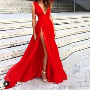 新しい赤いイブニングドレス2022ディープVネックフォーマルプロムドレススイープトレインパイピングサイドスプリットモダンロングスカート透明なページェントPAR2390