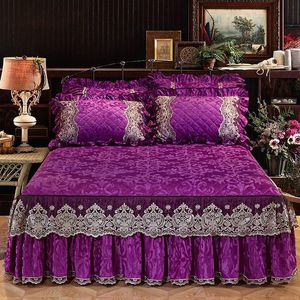 ベッドスカート高級ベッドベッドスカート枕カバー紫色ベルベット厚い温かいレースプリンセスベッドスプレッドベッドシーツマットレスカバーキングクイーン230720