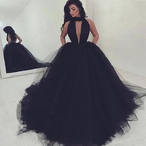 New Long Formal Dress Evening Wear Puffy Tulle Women Cocktail Party Gowns Custom Made Sexy Halter Backless Black Prom Dresses202N