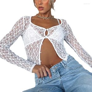 Blans des femmes Femmes transparentes Bouton Shrug Down Down Front Cardigan Lace Lace Mesh Crops Tops Sun Protections MINE