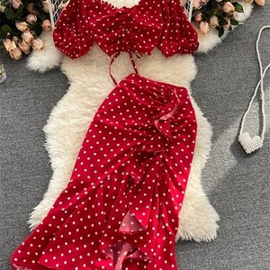 Urban Sexy Dresse Red Purple Black Polka Dot Two Piece Set Summer Ruffle Short DrawString Tops Hög midja Oregelbunden kjol 2st.