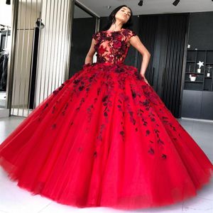 Amazing Red Ball Gown Wedding Dresses Sheer Bateau Neck 3D-Floral Appliqued Bridal Gowns Tulle Floor Length vestido de novia206L