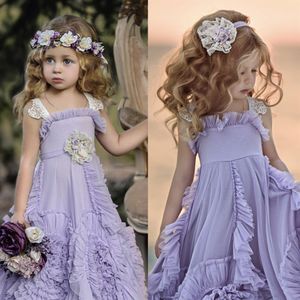 Dollcake Purple Flower Girl Sukienki Ruffle koronkowe tutu 2019 Boho Wedding vintage plaż