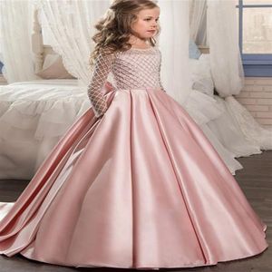 Pretty Flower Girl Dresses 3d Floral Applicies Bow Gilrs Pageant Dress Fashion Fluffy Tulle Long Birthday Dress Toddler Graduation248U
