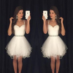 2019 Little White Homecoming Dresses Spaghetti Straps With Beads Tulle Cocktail Dresses Formal Party Dresses Prom Bowns for Women342b