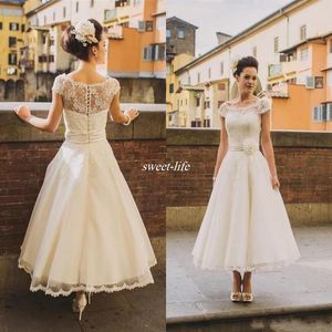 50 -talets retro vintage bröllopsklänningar 2020 Cap ärmar spetspärlor Knappar Korta ankellängd Sash Organza Bridal Dress180N