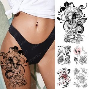 Vattentät tillfällig tatuering klistermärke Dark Snake Peony Flower Koi Old School Flash Tatto Women Men Body Art Arm lår falska tatueringar