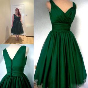 Vestido de Festa Coquetel Verde Esmeralda Anos 1950 Comprimento Chá Vintage Plus Size Chiffon Elegante Alças Ruched Decote em V Real Po Curto Prom G243p