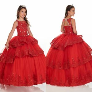 Red Three Layers Ball Gown Ruffle Mini Quinceanera Dresses Pageant Girls Lace Beads Lace-up Jewel Flower Girl Dress Party Graduati2511