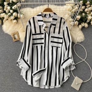 Women's Blouses Office Lady Casual Loose Long Shirt Women Spring Summer Fashion Blouse Striped Overshirt Female Drop Wholesale