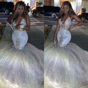 Glitter Silver Sexy V Neck Mermaid Prom Dresses Spaghetti Sleeveless African Long Puffy Formal Evening Gowns Graduation Party Dres252Y