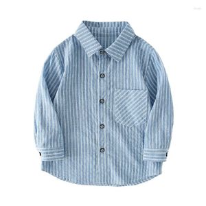 Jaquetas masculinas, meninos, camisa listrada de algodão, de manga comprida, infantil, escovado, bebê, médio e grande, estilo ocidental