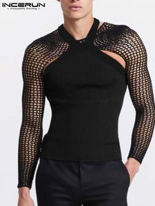 Męskie tshirts inderun moda mody T Shirt Sexy See Through Hollow Dwa sztuki Zestawy Tops Streetwear Club klub Mężczyźni Ubranie S5XL 230720