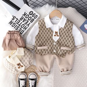 Roupas de bebê menino camisa de manga comprida colete calças casuais festa de casamento cavalheiro roupas infantis 0-5T