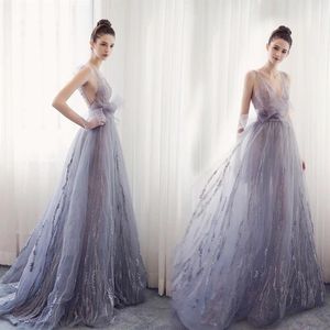 Fashion Melancholy Evening dresses spaghetti v-neck sleeveless A-line beaded appliqued backless sexy Sheer Neck Prom Gowns269g