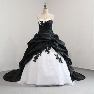 Weiße und schwarze Ballkleid-Vintage-Brautkleider, trägerlos, schwarze Spitze, 50er-Jahre-Retro-Taft-Brautkleider, individuell anpassbar, Übergröße255Q