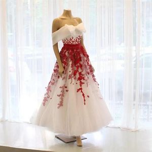 빈티지 디자인 흰색과 빨간 웨딩 드레스 큰 활에서 어깨 꽃 레이스 신부 가운 발목 vestido de noiva2044
