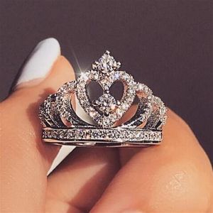 Fashion Silver Rings Crystal Heart Rings Women's Crown Zircon Ring Jewelry Women's Engagement Party Whole205i