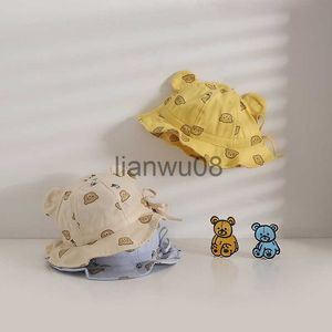 Caps Hats Summer Children Bucket Hat Cotton Cartoon Bear Print Ear Baby Girls Sun Hat Flower Kids Lace Outdoor Sunscreen Fisherman Bonnet x0810