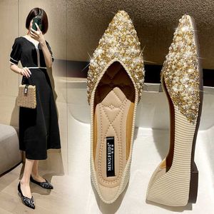 Klänningskor Luxury Crystal Beading Flat Shoes Woman D'Orsay Pearl Ball Ballet Flats Comfy Flock Glitter Ballerina Shoes Moccasins Big Size43 L230721