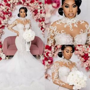 2023 Plus Size Arabic Aso Ebi Lace Beaded Mermaid Wedding Dress High Neck Sheer Neck Long Sleeves Vintage Sexy Bridal Gowns Dresse284B