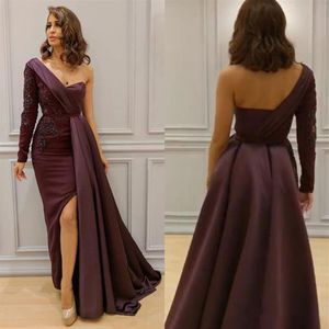 2019 Burgundowe sukienki arabskie wieczorne zużycie jednej strony na ramię Formalne suknie balowe koronkowe aplikacje z koralikami sukienki z długim rękawem2621