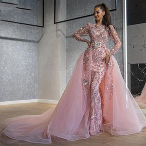 Vestidos de Baile Sereia Brilhantes com Trem Destacável Árabe Dubai Luxo Mangas Longas Vestido de Noite 2020 Vestidos Formais Rosa2849