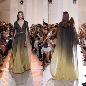 Elie Saab 2019 Ombre Chiffon Prom Dresses with Cape Deep v Neck Voncals Absial Versions Abor