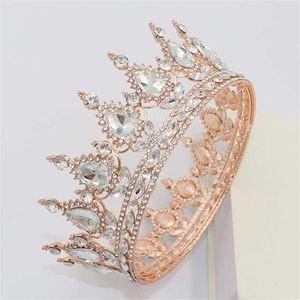 Queen King Tiaras och Crowns Bridal Women Rose Gold Color Crystal Headpiece Diaadem Bride Wedding Hair Smycken Tillbehör H0827328M