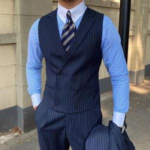 Coletes masculinos estilo britânico terno listrado de negócios retrô trespassado elegante fino lapela casual colete moderno