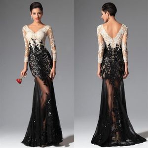 Abiti da sera in pizzo a maniche lunghe a sirena bianca nera 2016 Elie Saab con scollo a V Sheer Illusion Abiti da ballo celebrità con paillettes Evening2075