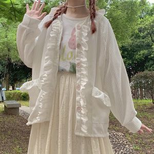Japońska moda w stylu college'u kobiet Cord Bluzka miękka dziewczyny vintage ruffle Button Down Down Shirt Długie rękaw Kawaii Cardigan