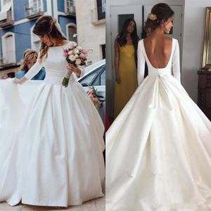 2020 Ny vit satin långärmad bollklänning bröllopsklänningar brudklänning rygglös prinsessa plus size bröllop klänning abiti da sposa1934