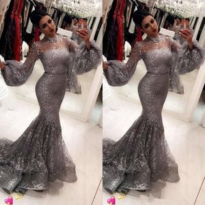 Fashion Sequins Mermaid Prom Dresses Sexy Hihg Neck Trumpet Long Sleeves muslim arabic Attractive Stylish evening dresses228H