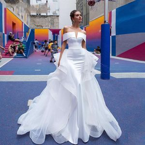 Avtagbar sjöjungfrun bröllopsklänningar 2020 Satin 2 i 1 Elegant båthals Ethel Rolyn White Bride Gowns Anpassade Vestidos de Novia220f