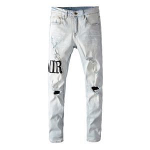 Miri Jeans Herren Designer Jeans Brand Brand Logo Weiß Schwarzes Rock Revival Motorradhose Biker Hosen Mann Pant Broken Loch Stickerei Größe 28-40 Qualität Top 9MN6