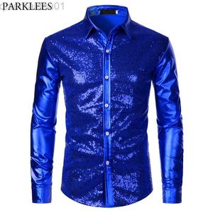 Mäns avslappnade skjortor Luxury Royal Blue Sequin Metallic Dress Shirts Men 2023 Ny långärmad 70 -tals Disco Party Shirt Male Christmas Halloween Come L230721