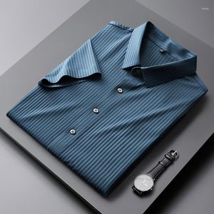 Men's Dress Shirts Korean Style Men Business Formal Wear Slim Fit Casual Shirt High Elasticity Seamless Fashion Stripes Short Sleeve