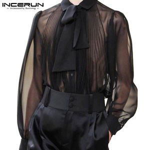 Men s Casual Shirts INCERUN Men Sexy Shirt Mesh See Through Lapel Long Sleeve Camisas WIth Tie Streetwear 2023 Pleated Solid Party Clothing 5XL 230721