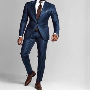 Dark Blue Mens Suits 2021 Wedding Tuxedos Slim Fit One Button Beach Groomsmen For Men Peaked Lapel Formal Prom Suit Jacket Pants 323L