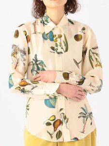 Women's Blouses 2023 Silk Spring And Summer Beige Fig Print Sand-washed Lapel Long-sleeved Shirt