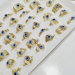 30/PCS Erkekler ve Kadınlar İçin Karışık Tasarımlı Paslanmaz Çelik Şeytan Yüzük, Blue Eye Zircon, İyi Şans Takıları, Parti Hediyeleri Toptan Satış