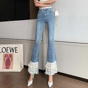 Women's Jeans Heavy Work Fashion Lace Stitching Bead Chain Flare Women High Waist Slim Stretch Denim Pants S32