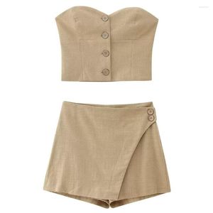 Kvinnors spårningsdräkter 2023 mode sexig inslagna bröstkläder kort tank topp retro v-hals knapp väst unik shorts set