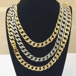 Цепи рэппер хип -хоп ICED OUT PAVED ATRESTONE 15 мм Miami Curb Cuban Link Chain Gold Sliver Ожерелья для мужчин Женщины ювелирные изделия C227O