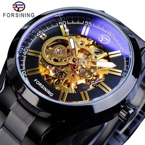 ForSining Steampunk Mechanical Watch Mens Automatic Skeleton Svart rostfritt stålbälten Business Male Wristwatches Reloj HOMBRE2381