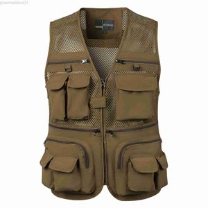 Mäns jackor Men's Vest Tactical Webbed Gear Coat Summer Fotograf Waistcoat Tool många Pocket Mesh Work ärmlös jacka Male L230721